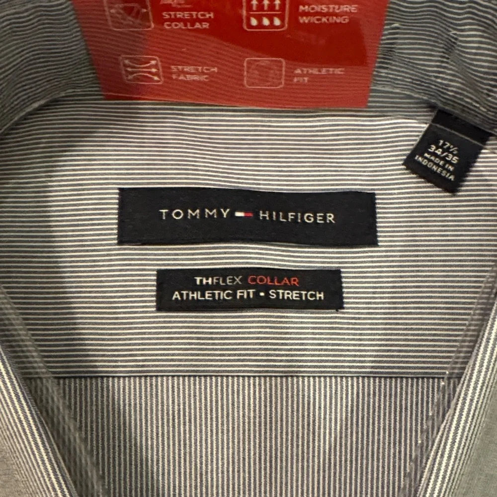 Tommy Hilfiger Men's Striped Blue Dress Shirt, Athletic Fit Stretch - Picture 2 of 5